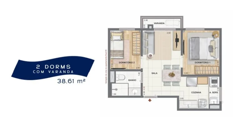 Planta de apartamento de 2 quartos com varanda entre 36 e 38 m² no Orla Central