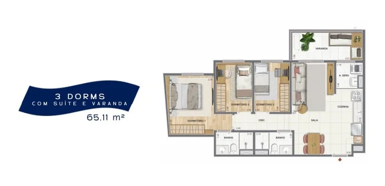 Planta de apartamento de 3 quartos com suíte e varanda de 65 m² no Orla Central