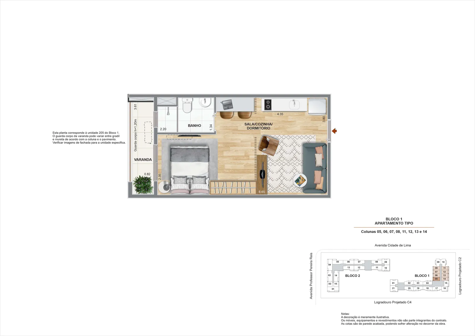 Planta ilustrativa: studio · bloco 1, coluna 05 do Pateo Nazareth