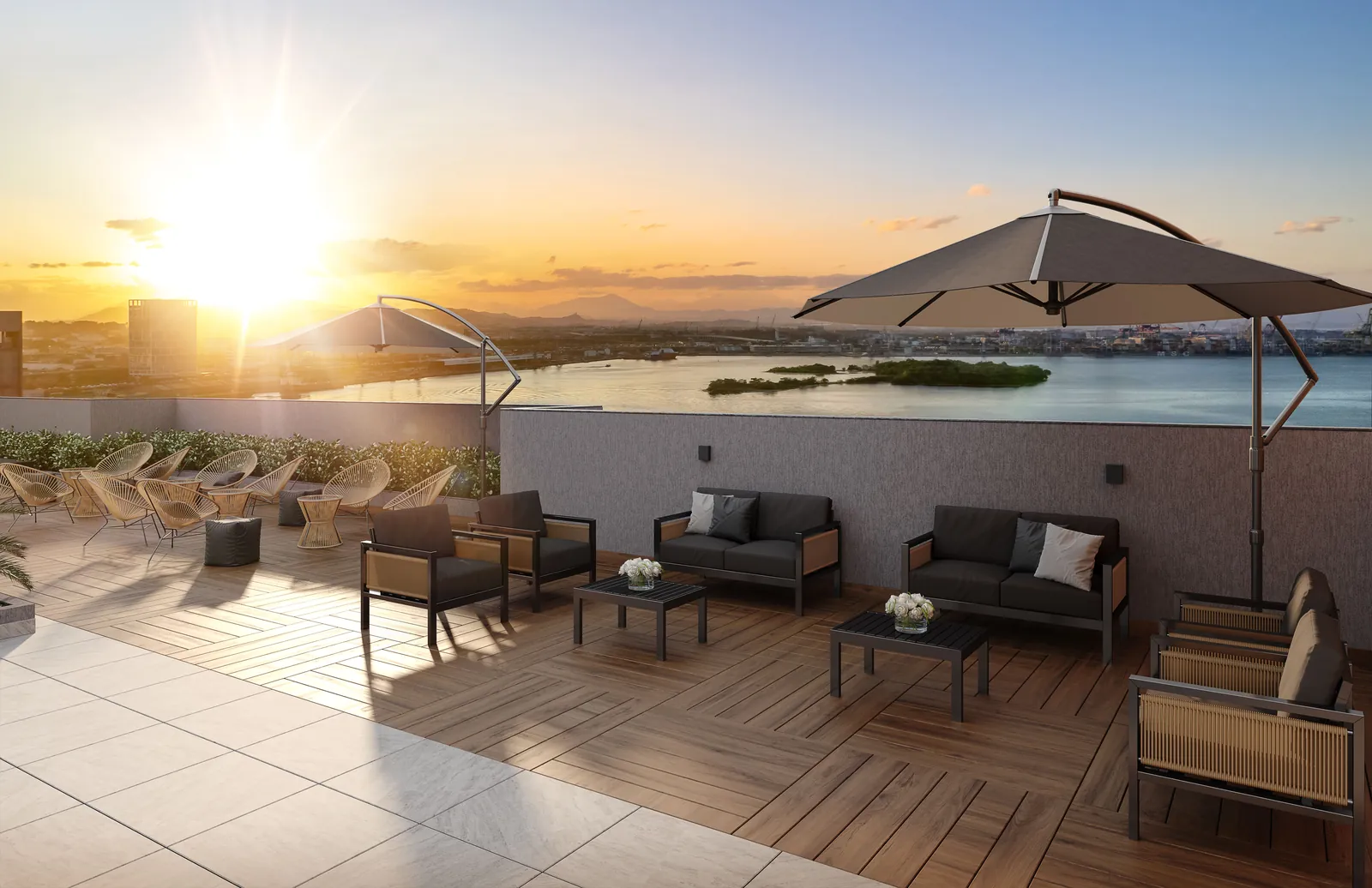 Perspectiva artística: lounge no rooftop do Pateo Nazareth
