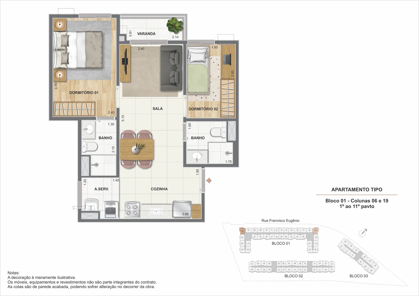 Planta ilustrativa de 2 quartos com suíte do Cartola I
