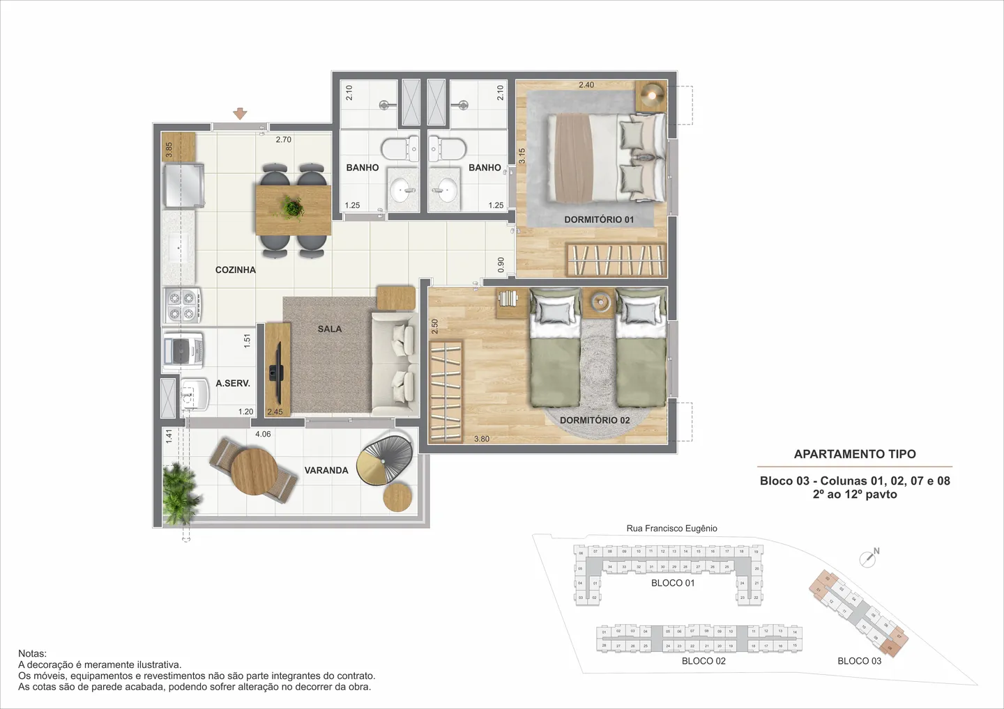 Planta ilustrativa de 2 quartos com suíte do Cartola I