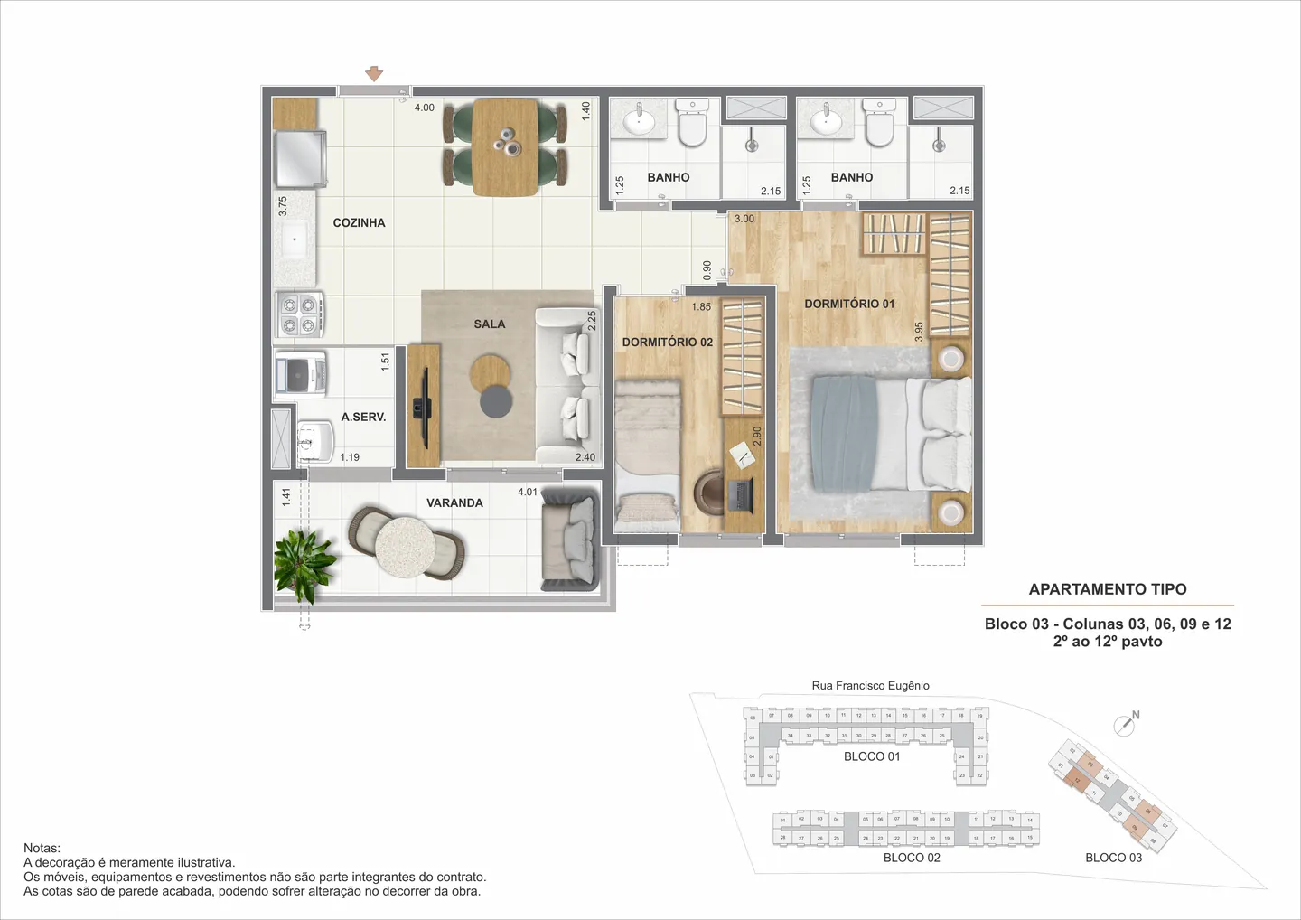 Planta ilustrativa de 2 quartos com suíte do Cartola I