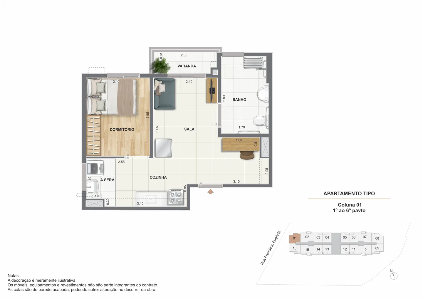 Planta ilustrativa de 1 quarto de 31,32 m² do Cartola II