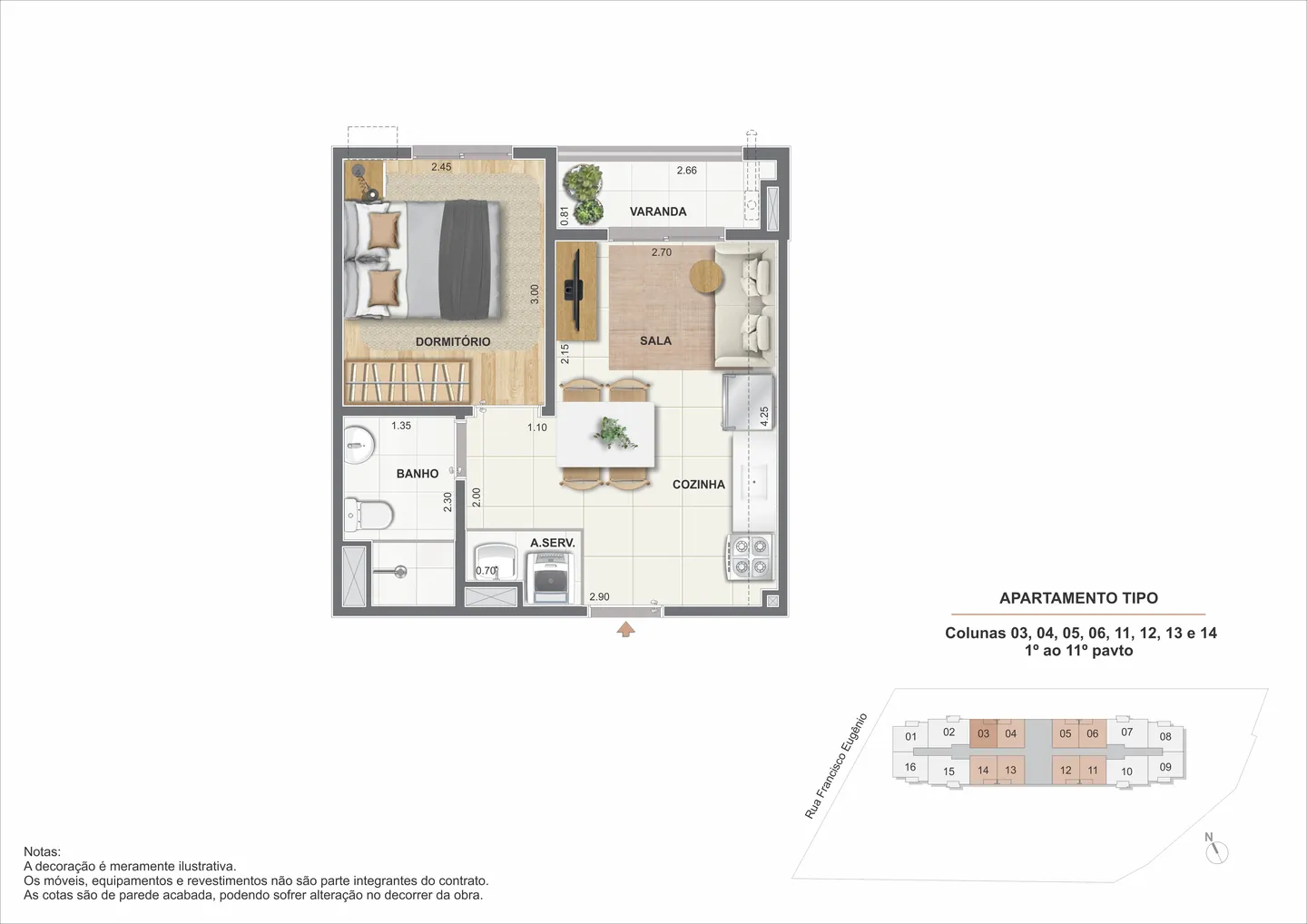 Planta ilustrativa de 1 quarto de 37,93 m² do Cartola II