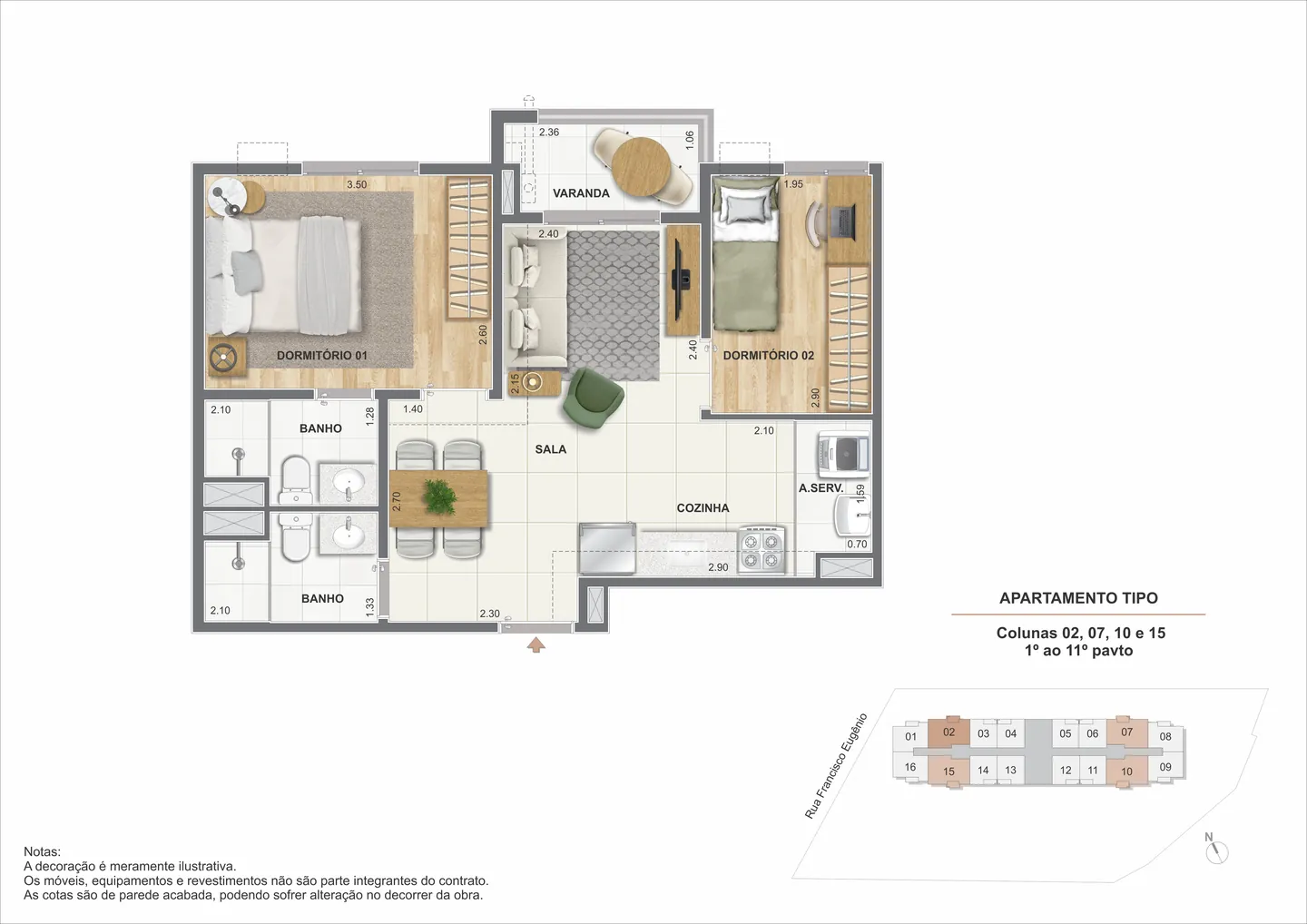 Planta ilustrativa de 2 quartos de 47,50 m² do Cartola II