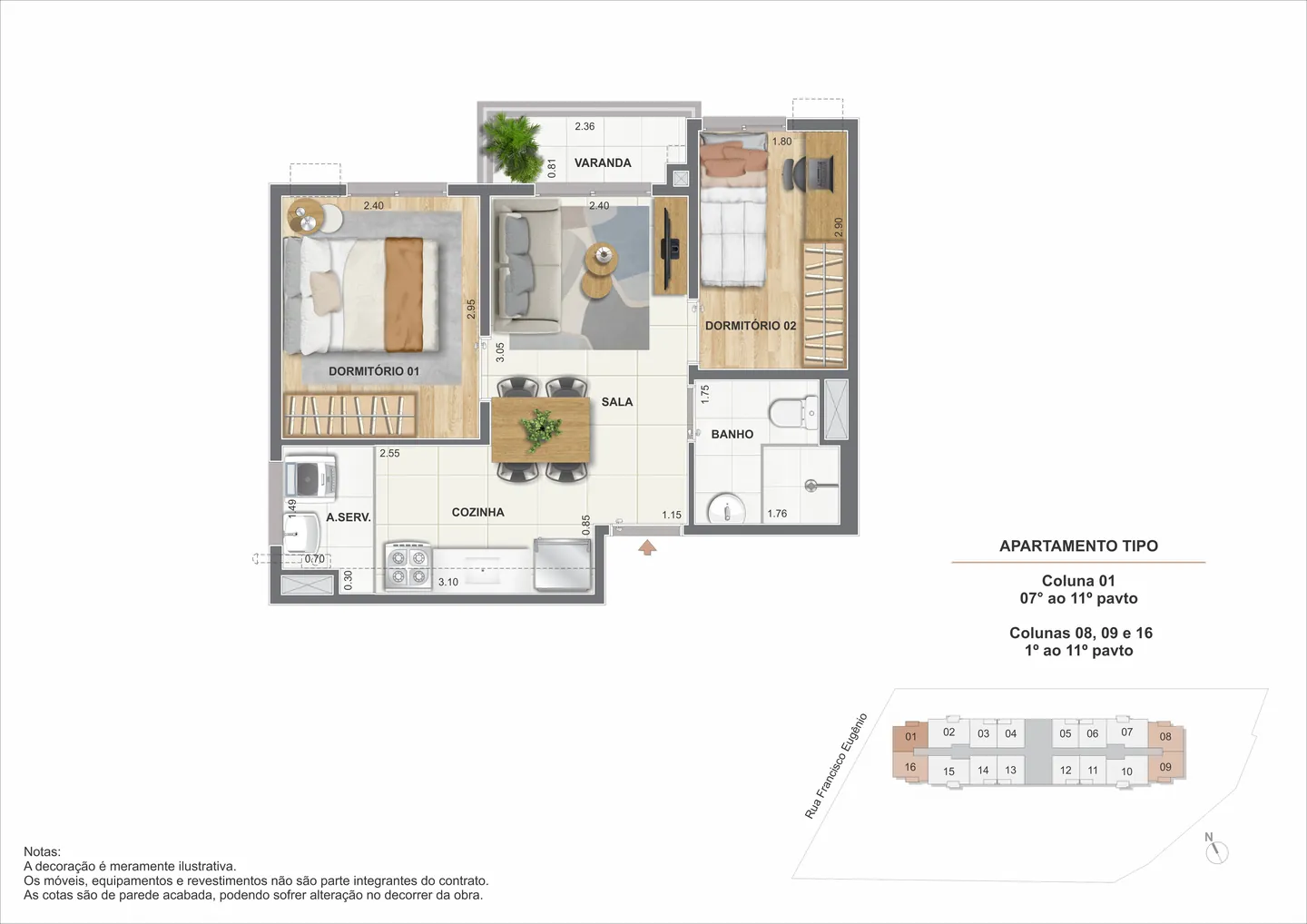 Planta ilustrativa de 2 quartos de 37,93 m² do Cartola II