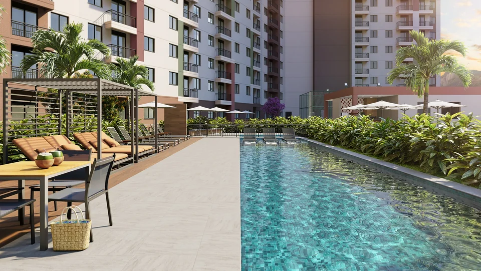 Piscina com deck e paisagismo do Residencial Dona Ivone Lara