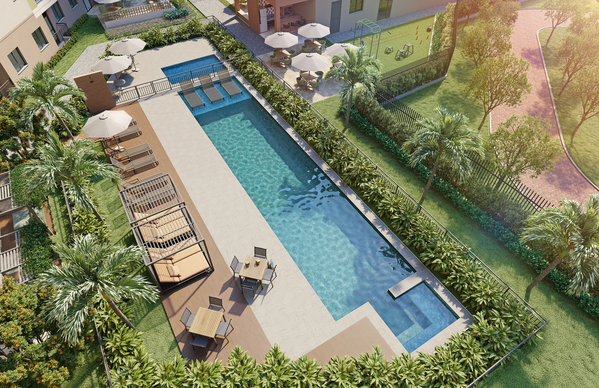 Perspectiva oficial da piscina adulto e infantil do Residencial Dona Ivone Lara
