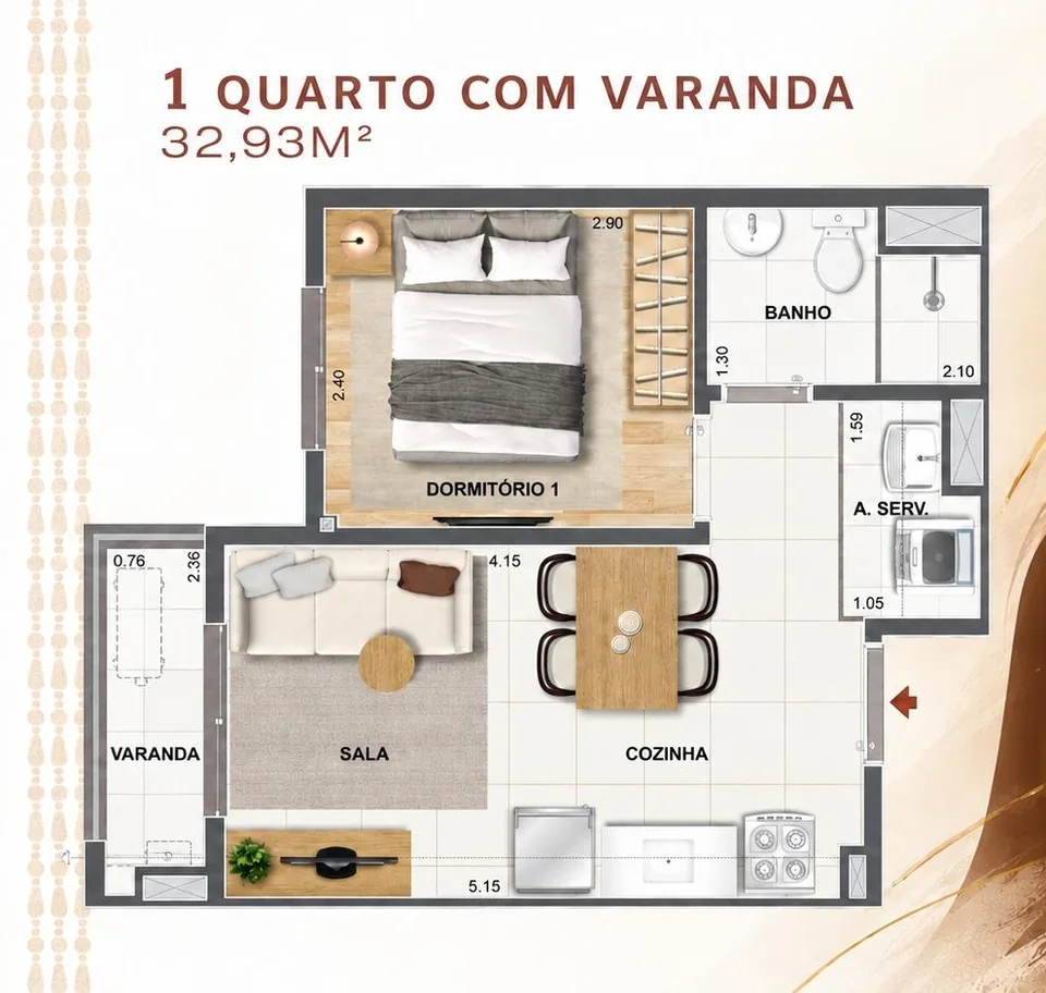 Planta oficial ilustrativa de apartamento de 1 quarto com varanda, 32,93 metros quadrados