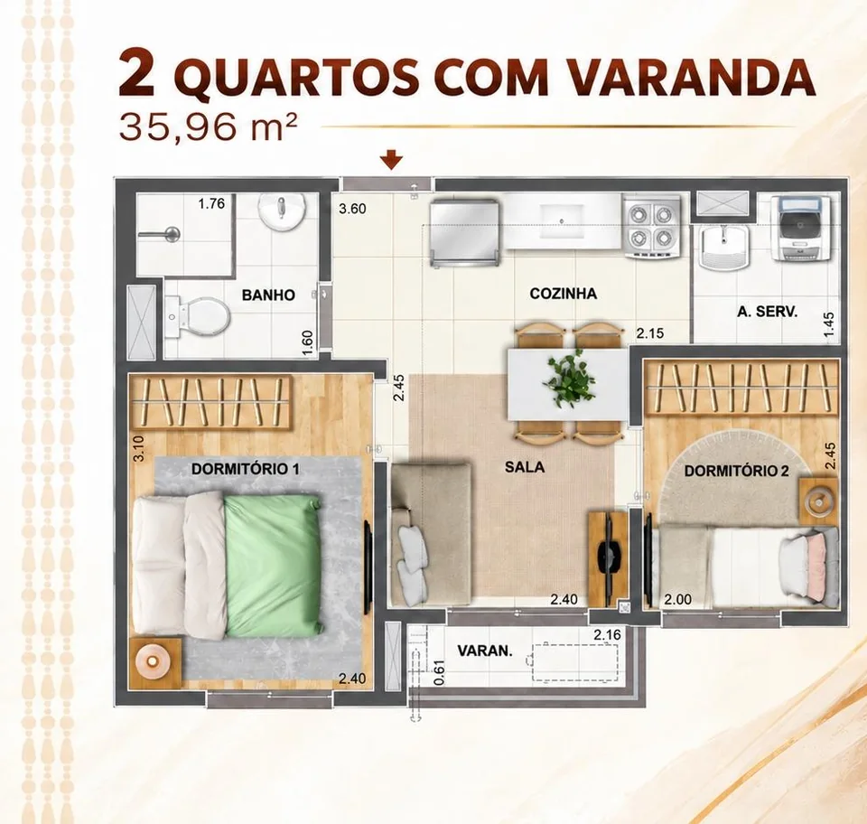 Planta oficial ilustrativa de apartamento de 2 quartos com varanda, 35,96 metros quadrados