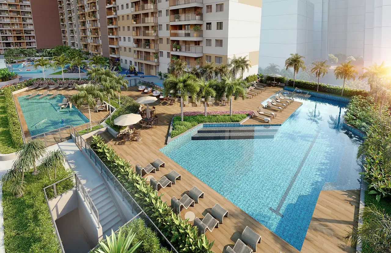 Perspectiva ilustrativa das piscinas do Residencial Pixinguinha