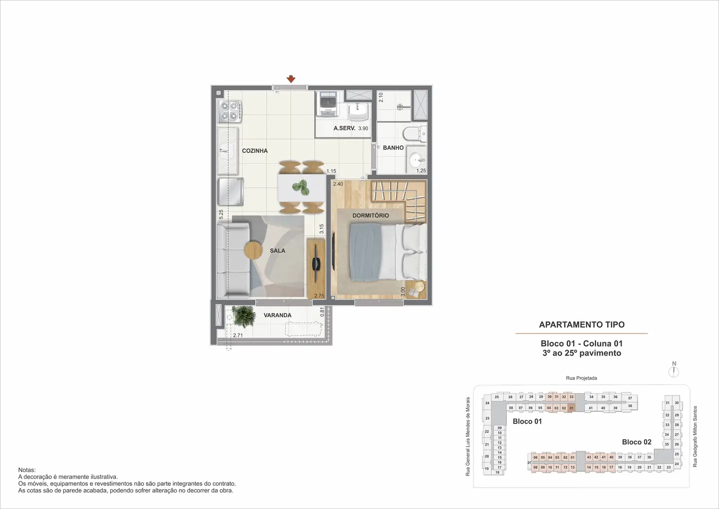 Planta ilustrativa de 1 quarto com varanda do Condomínio Carinhoso