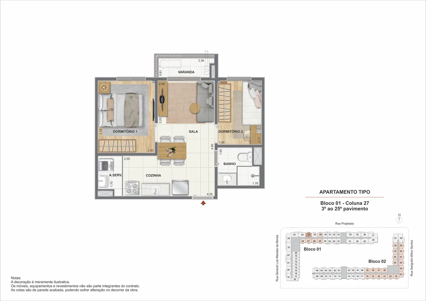 Planta ilustrativa de 2 quartos com varanda do Condomínio Carinhoso
