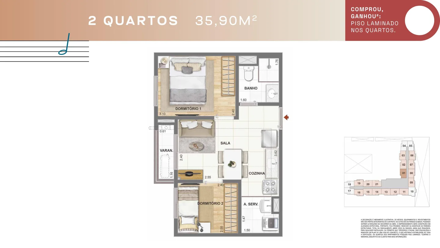 Planta ilustrativa de 2 quartos com 35,90 m² do Condomínio Rosa