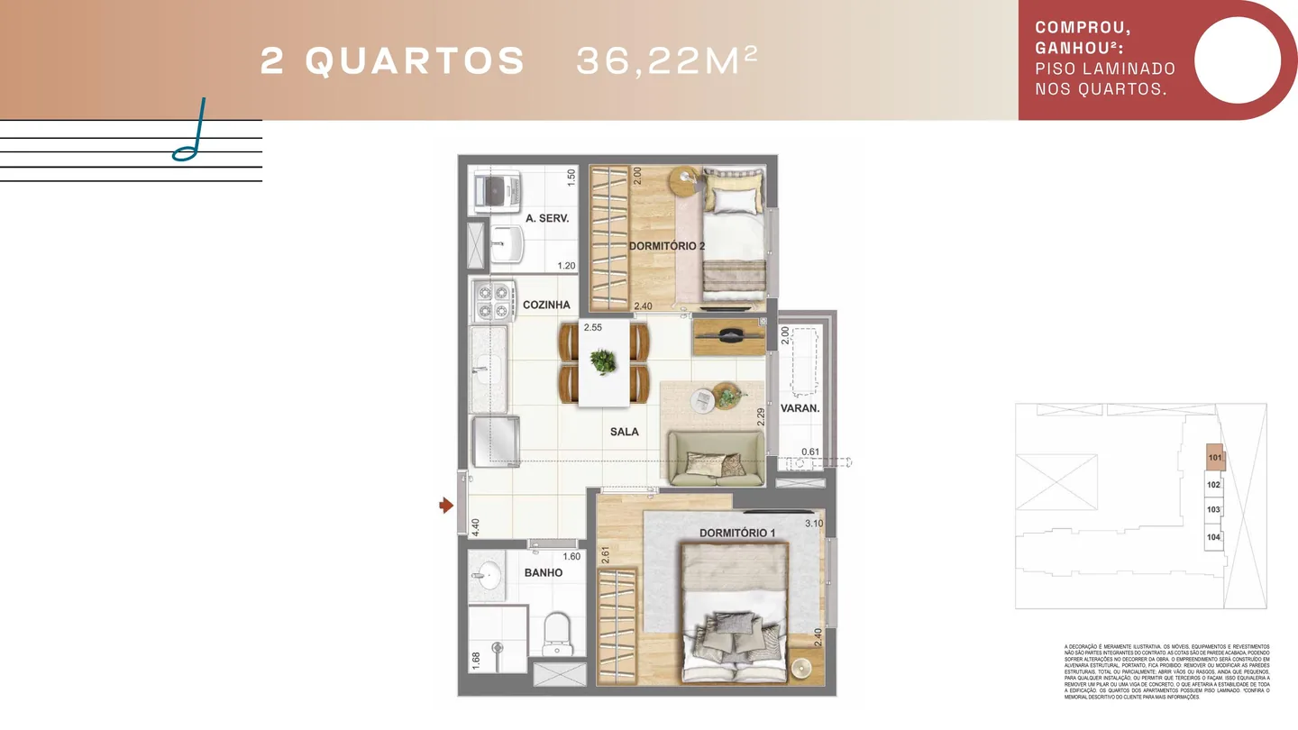 Planta ilustrativa de 2 quartos com 36,22 m² do Condomínio Rosa