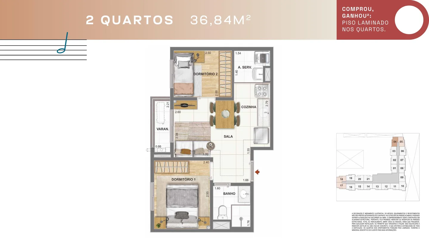 Planta ilustrativa de 2 quartos com 36,84 m² do Condomínio Rosa