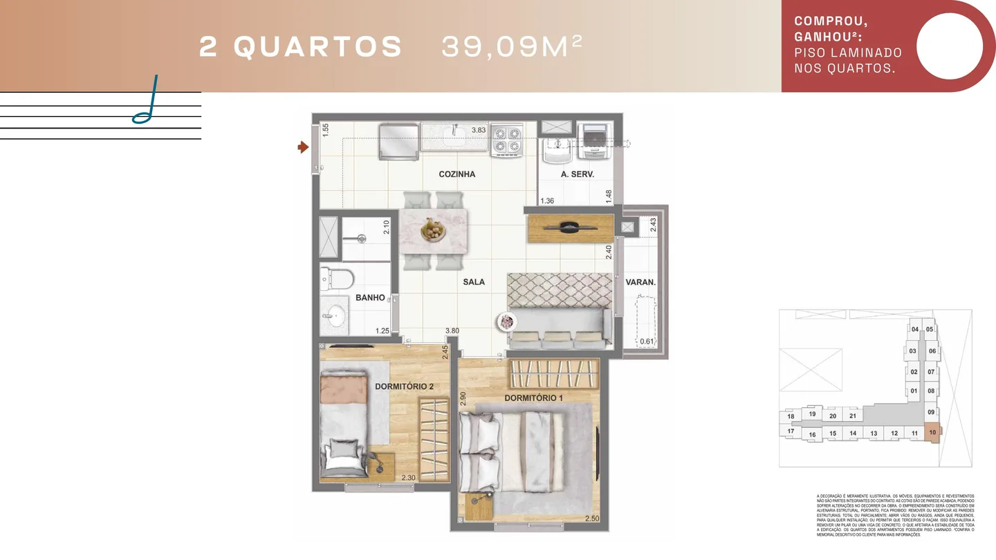 Planta ilustrativa de 2 quartos com 39,09 m² do Condomínio Rosa