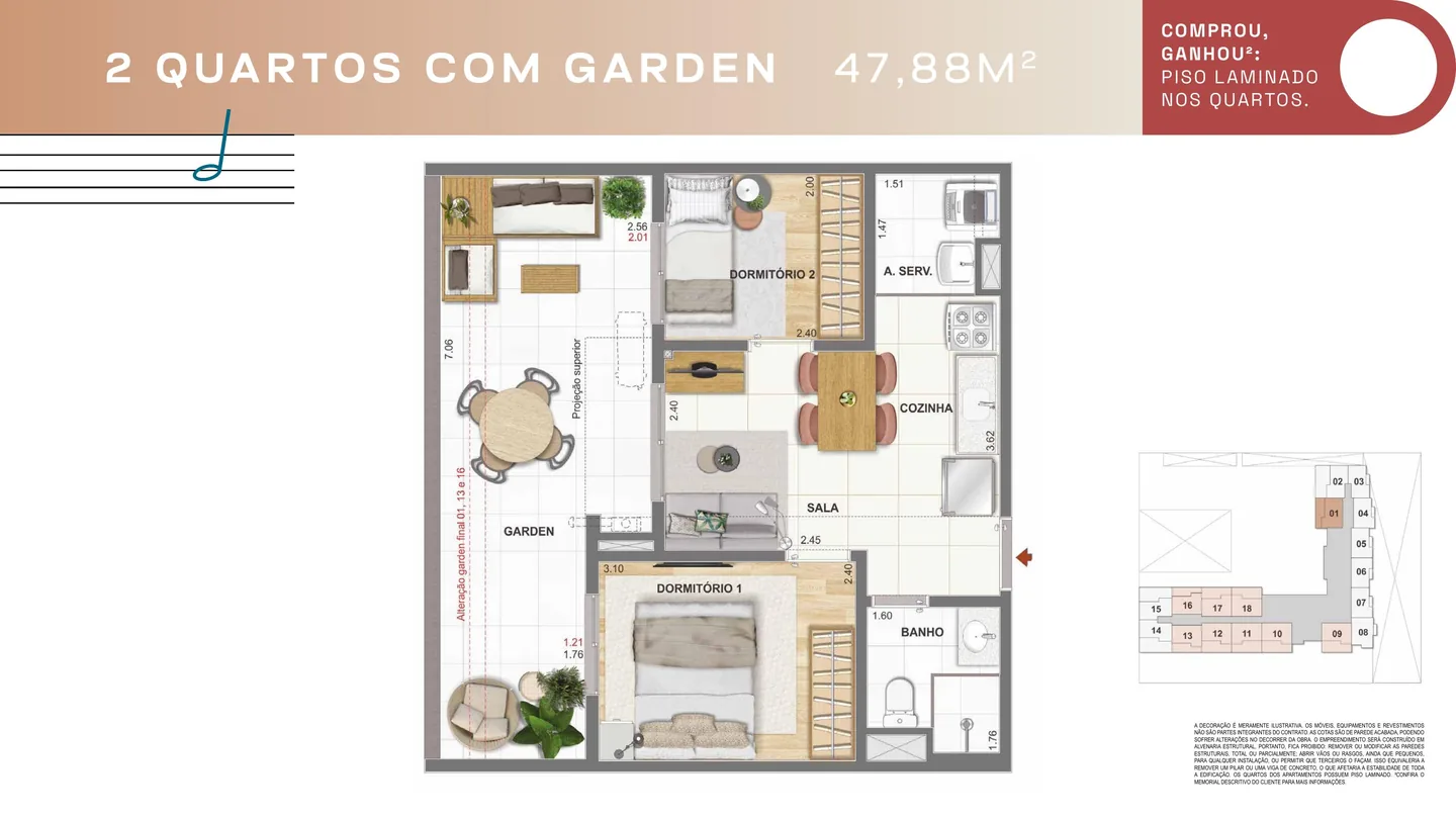 Planta ilustrativa de 2 quartos com garden de 47,88 m² do Condomínio Rosa