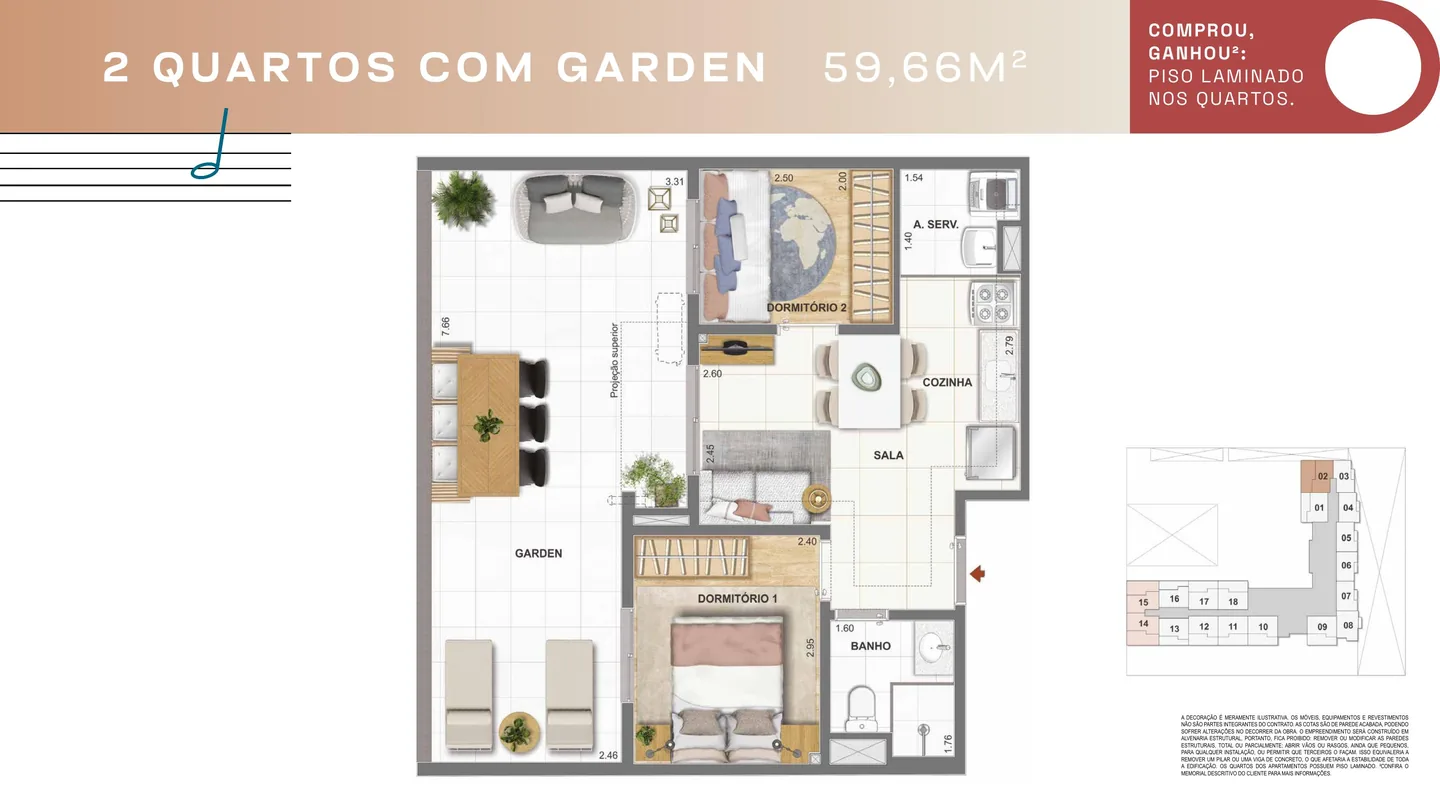 Planta ilustrativa de 2 quartos com garden de 59,66 m² do Condomínio Rosa
