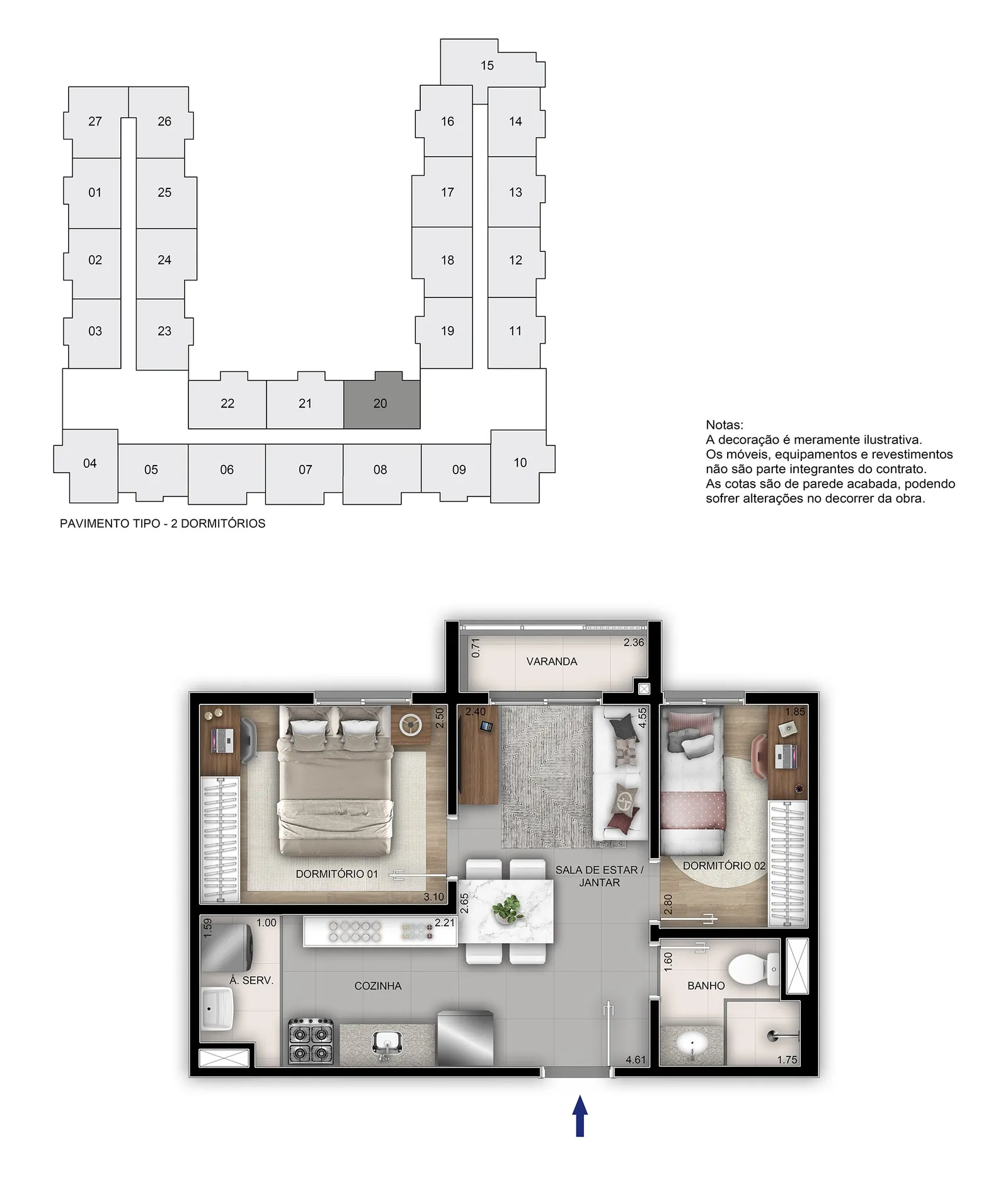 Planta ilustrativa: 2 quartos · coluna 20 do Residencial Porto Maravilha