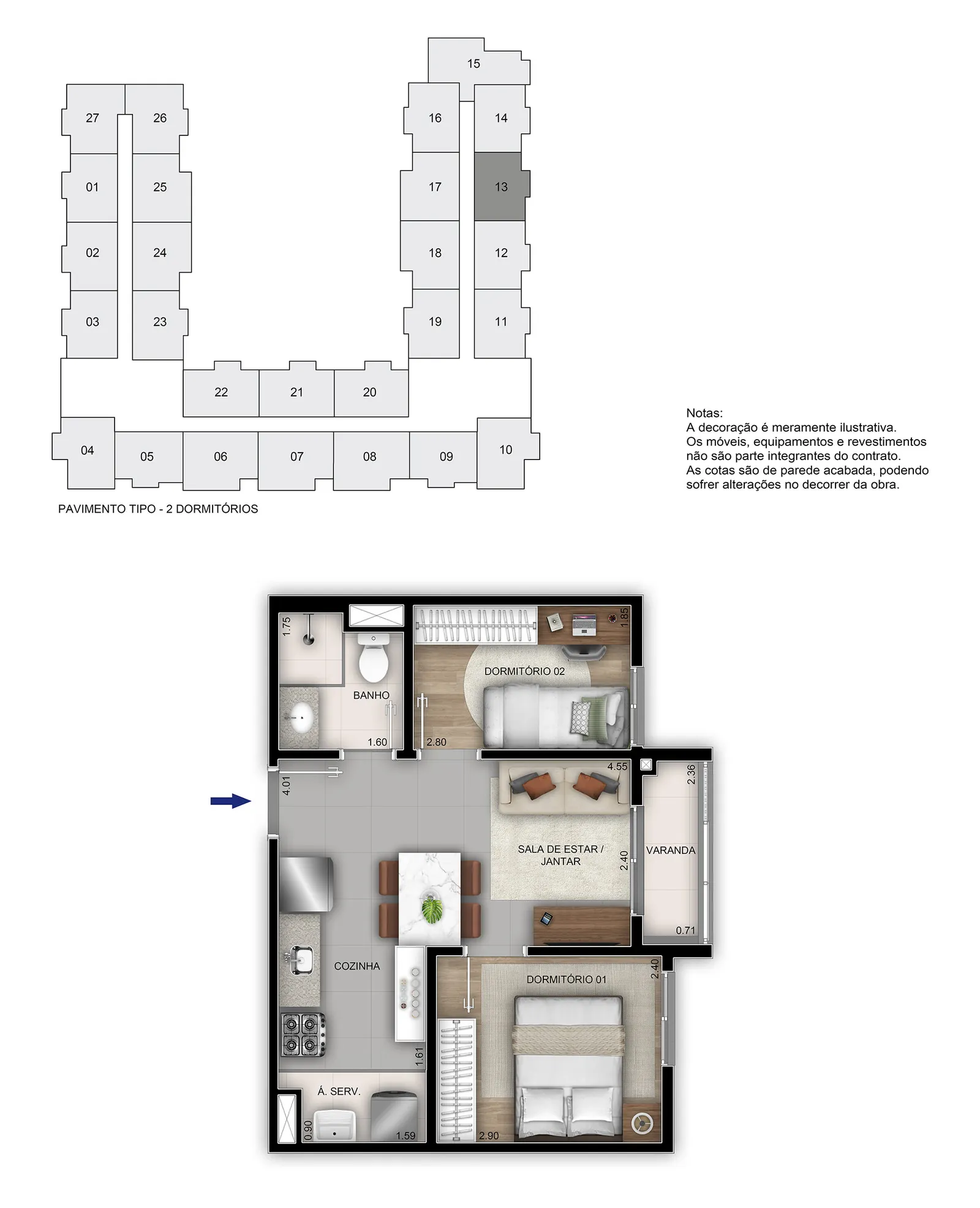 Planta ilustrativa: 2 quartos · coluna 13 do Residencial Porto Maravilha
