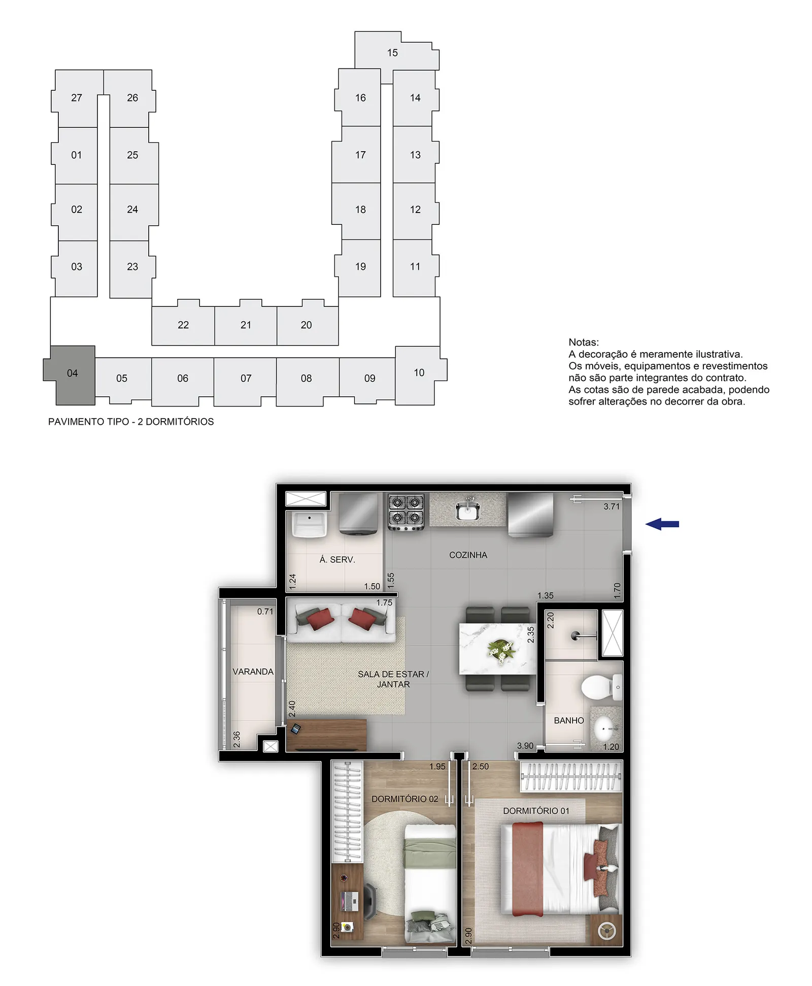 Planta ilustrativa: 2 quartos · coluna 04 do Residencial Porto Maravilha