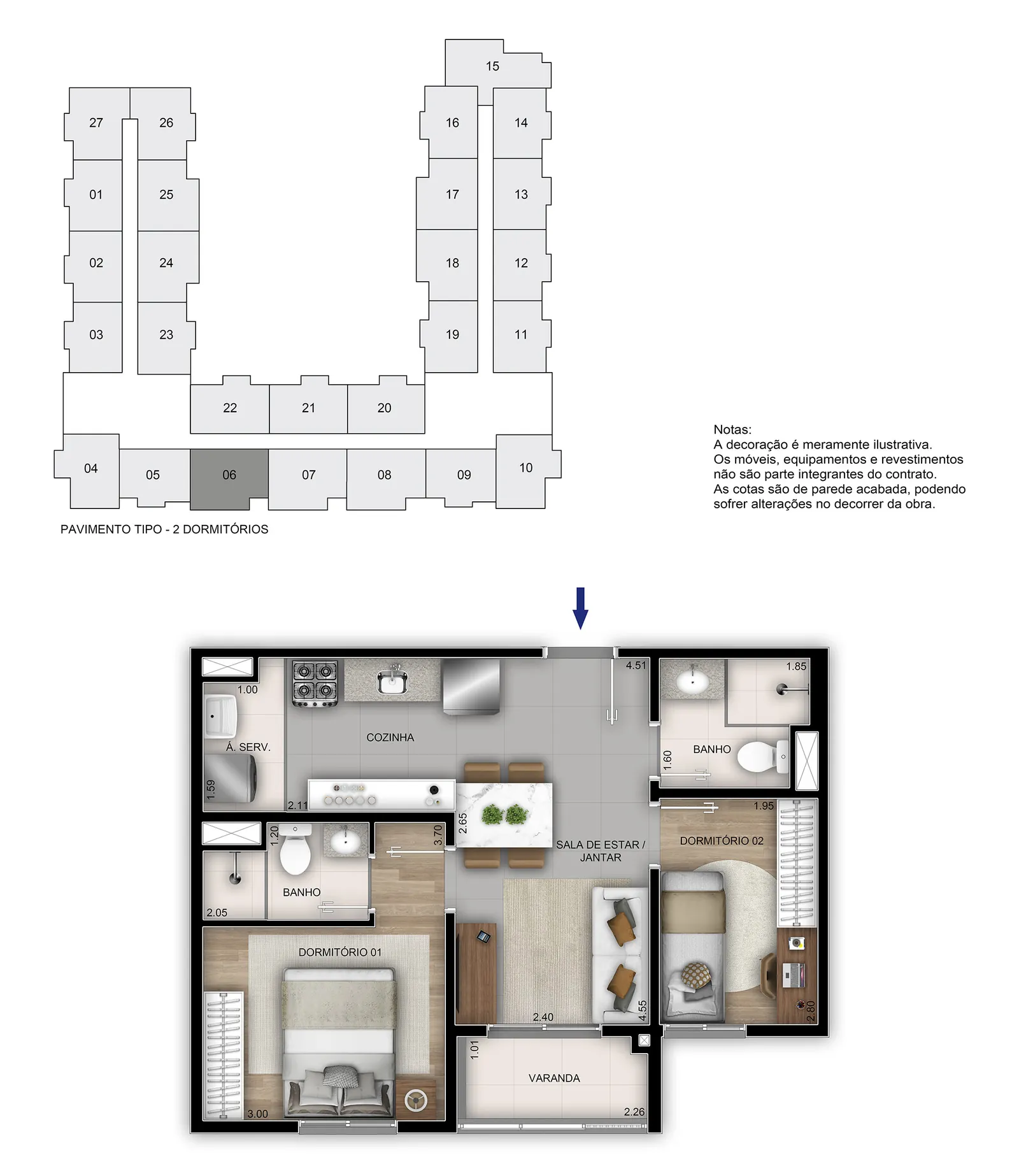 Planta ilustrativa: 2 quartos com suíte · coluna 06 do Residencial Porto Maravilha