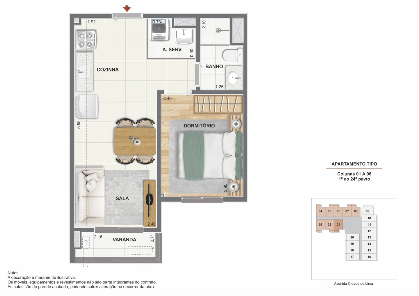 Planta ilustrativa do apartamento de 1 quarto de 32,97 m² do Residencial Tia Ciata