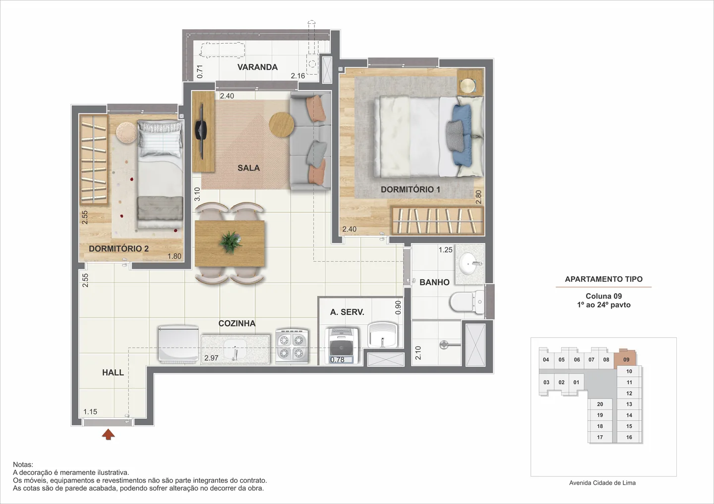 Planta ilustrativa do apartamento de 2 quartos de 39,65 m² do Residencial Tia Ciata