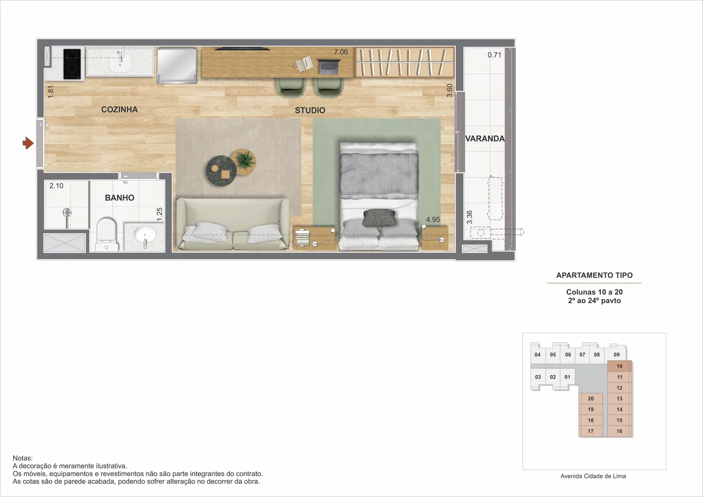 Planta ilustrativa do studio de 31,55 m² do Residencial Tia Ciata