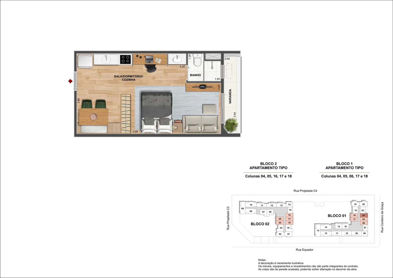 Planta ilustrativa do apartamento de 2 quartos de 42 m² do Rio Energy