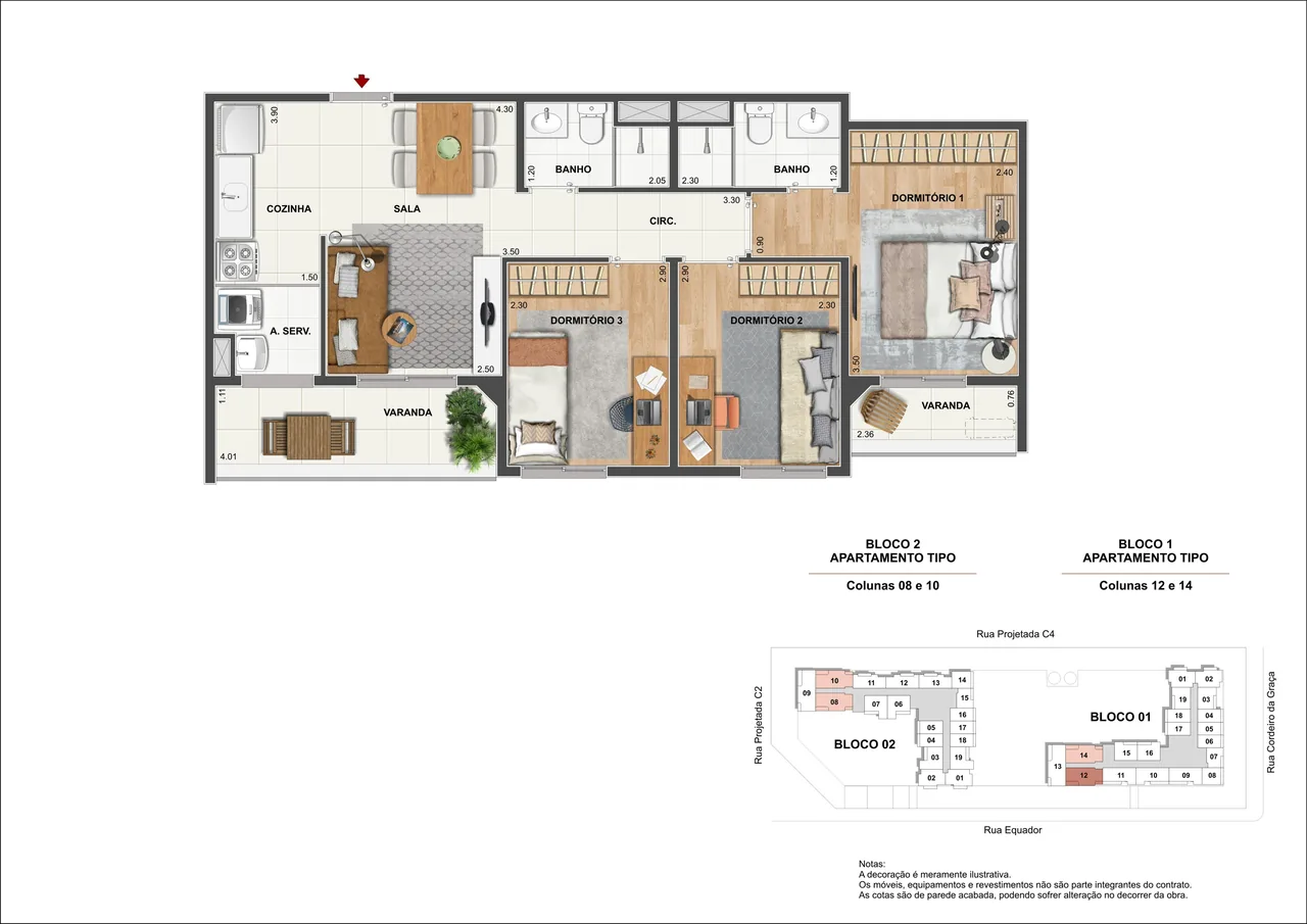 Planta ilustrativa do apartamento de 3 quartos de 62,34 m² do Rio Energy