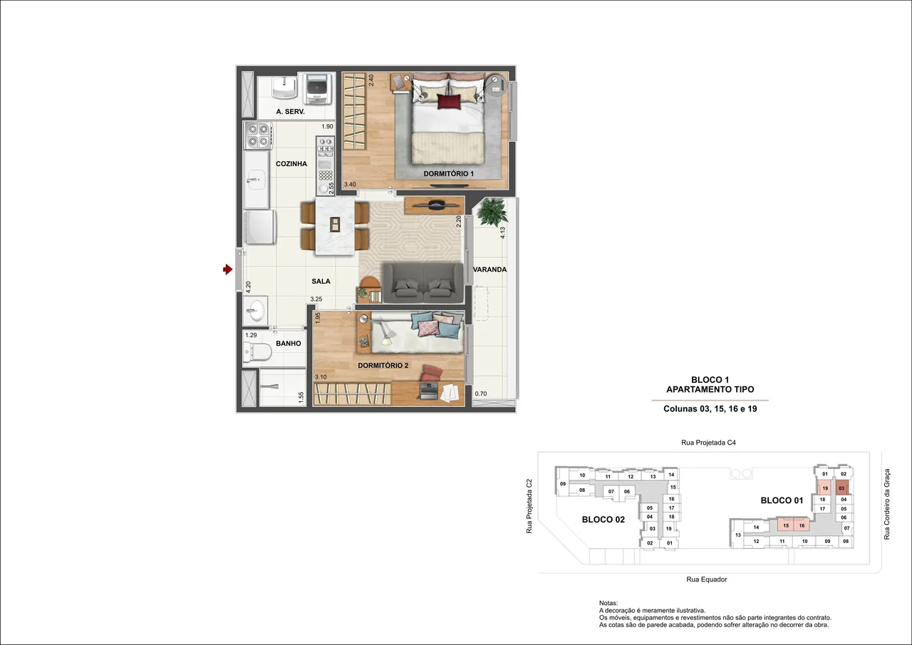 Planta ilustrativa do apartamento de 1 quarto de 32,13 m² do Rio Energy