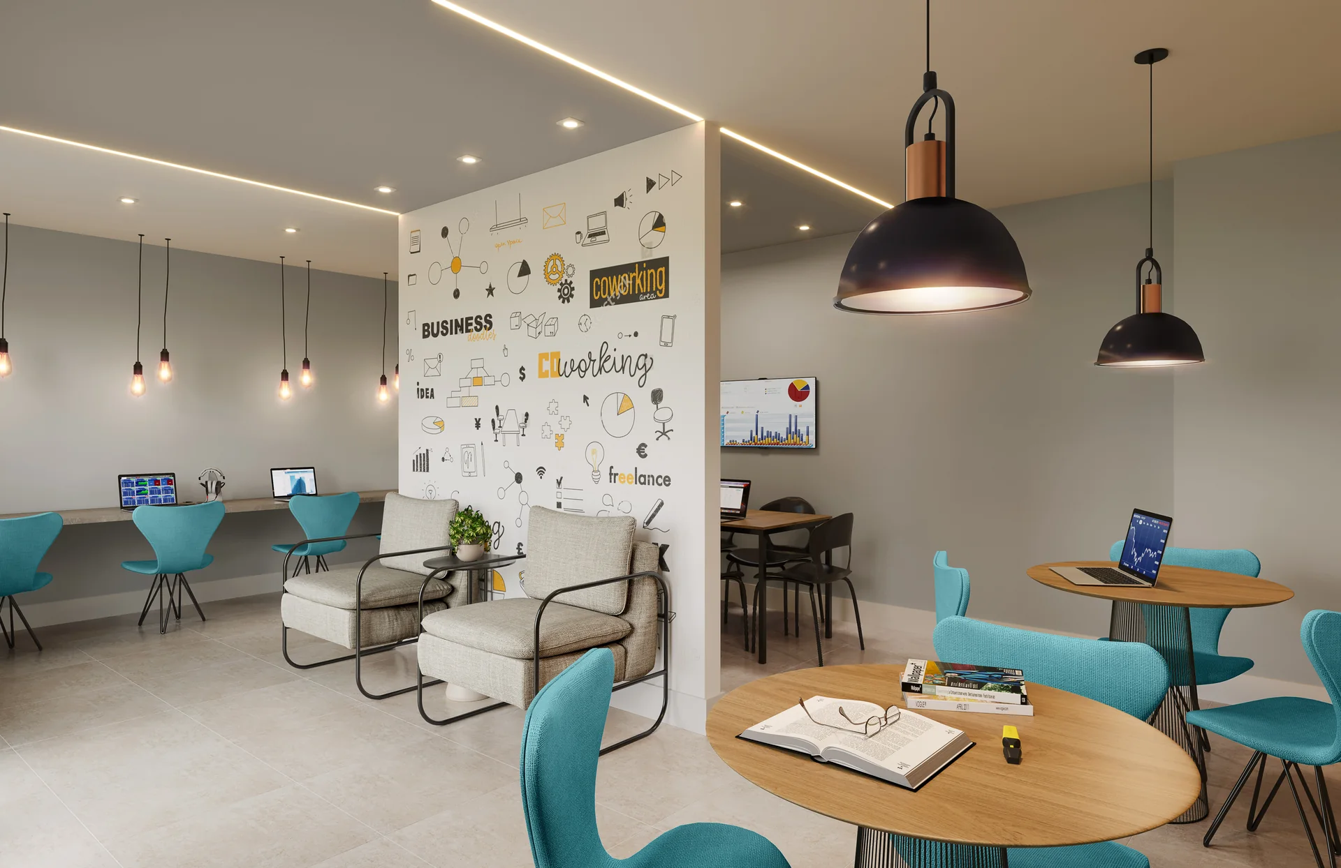 Perspectiva ilustrativa de coworking do Trendy Cachambi, em Cachambi, no Rio de Janeiro