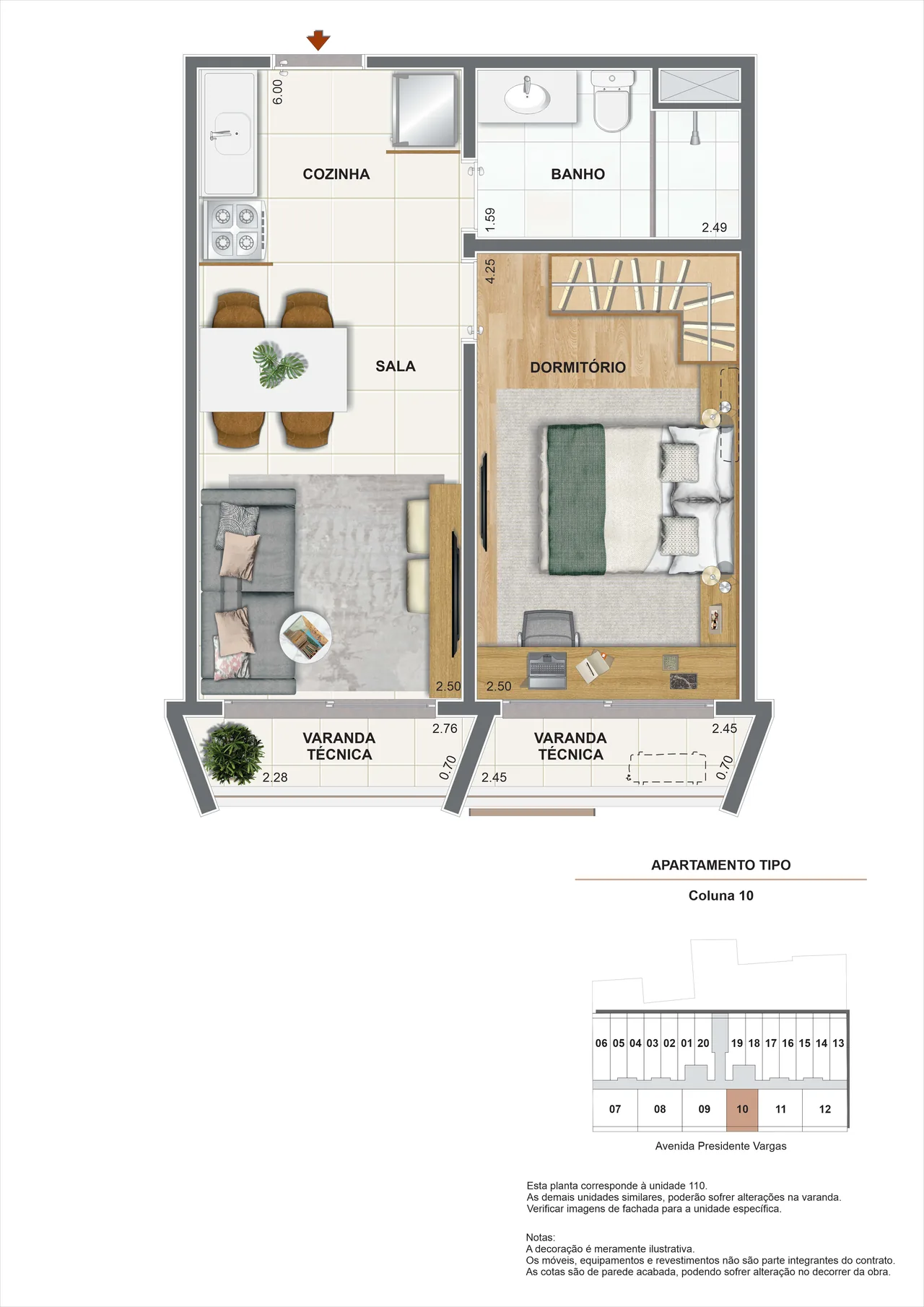 Planta ilustrativa do apartamento de 1 quarto de 37,54 m² do Vargas 1140