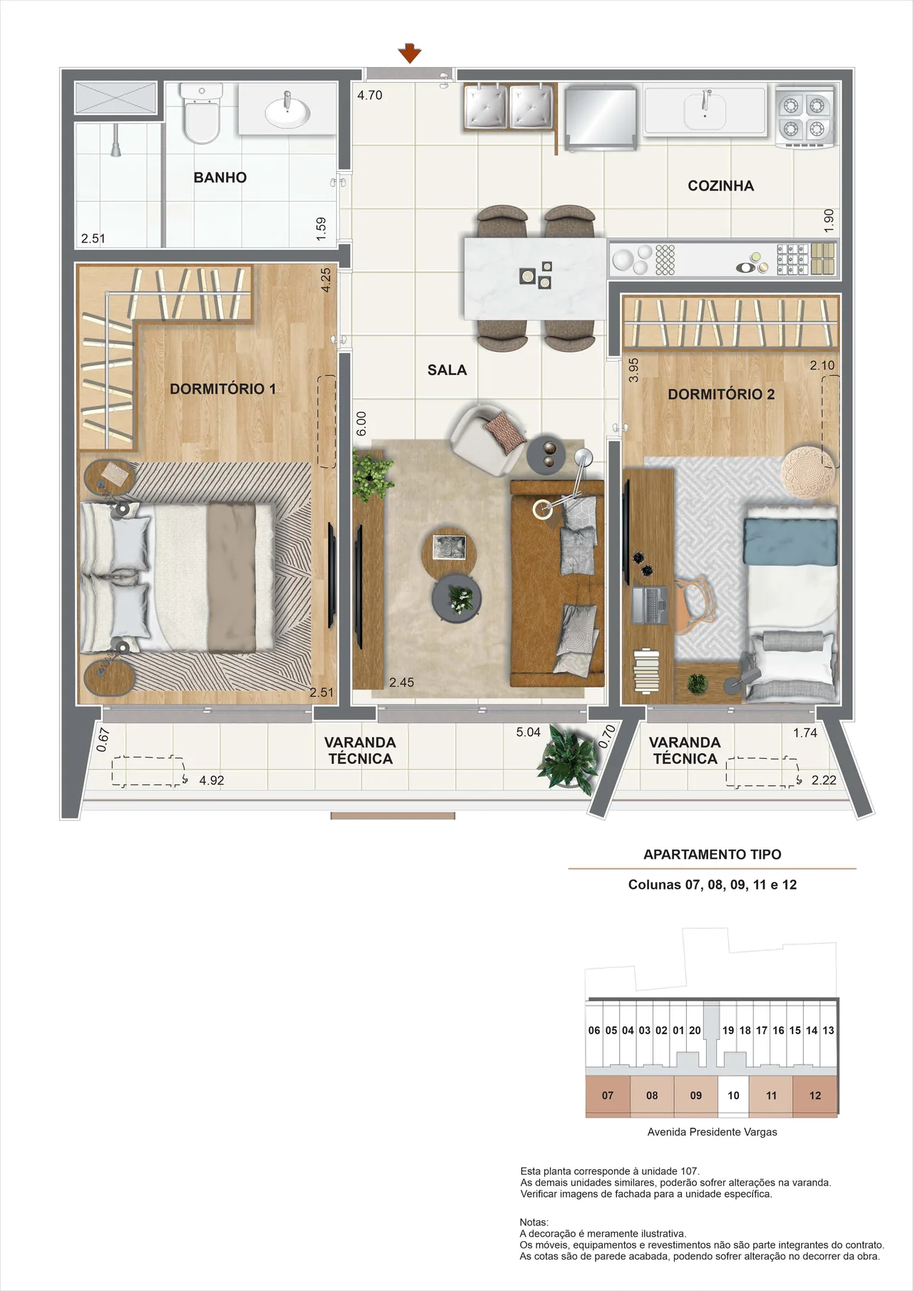 Planta ilustrativa do apartamento de 2 quartos de 54,45 m² do Vargas 1140