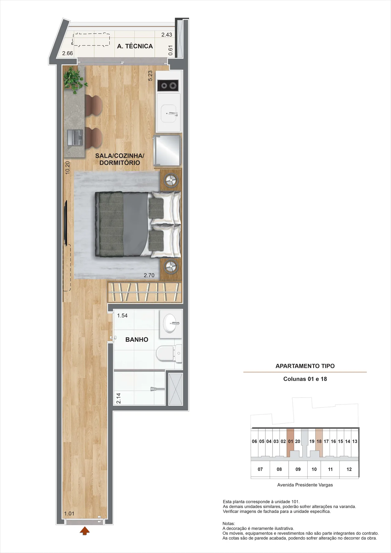 Planta ilustrativa do studio de 32,35 m² do Vargas 1140
