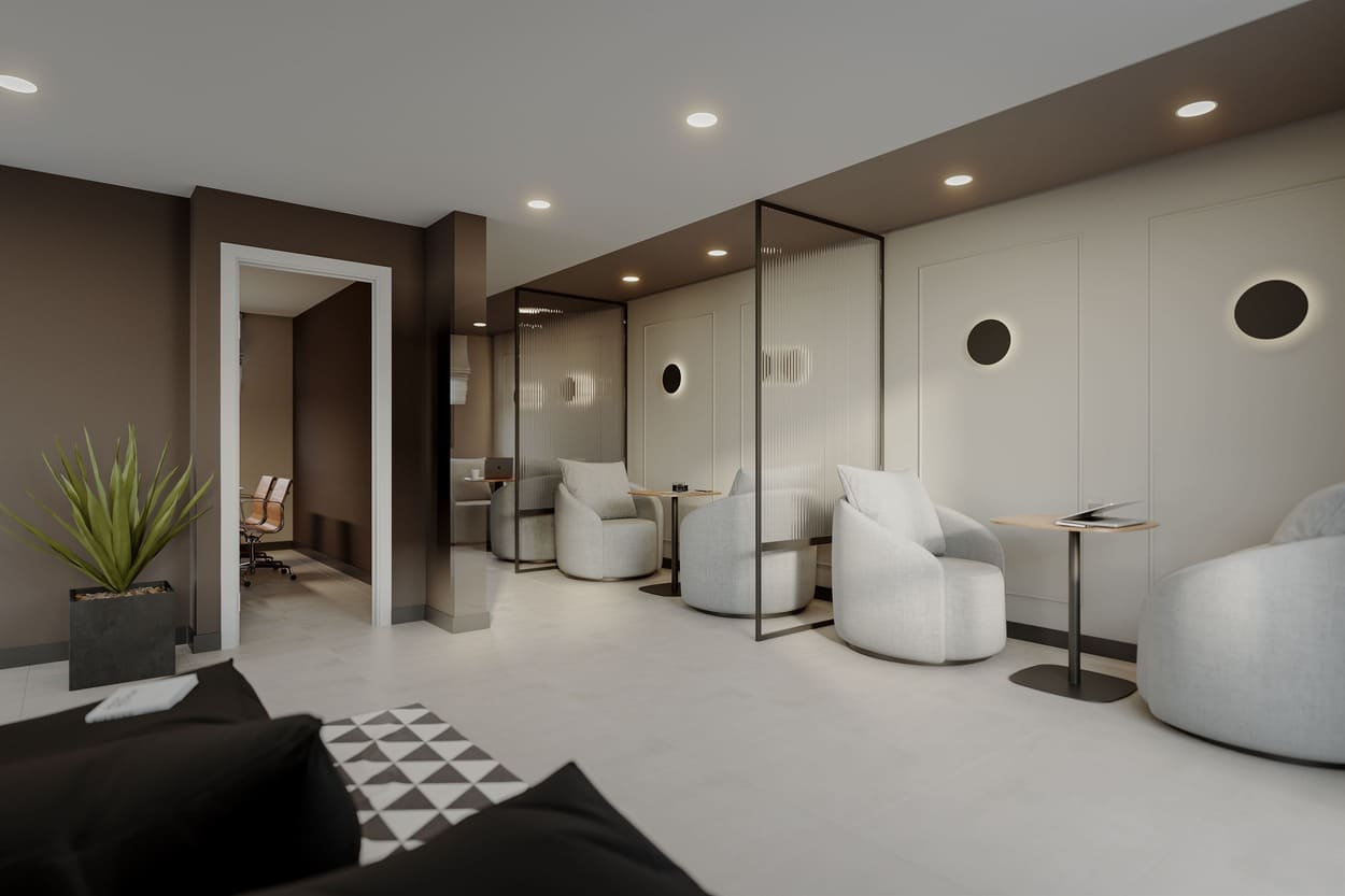 Espaço coworking do Metropolitan Dream com cabines individuais e salas – trabalho home office no condomínio