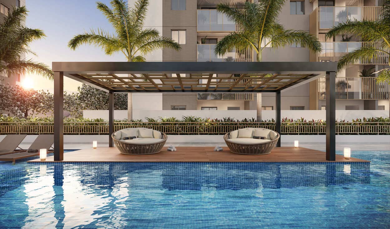 Pergolado e área gourmet do Metropolitan Dream – espaço convivência condomínio Barra Olímpica