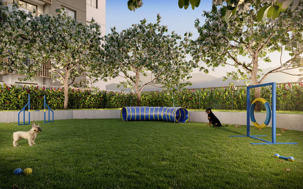 Pet place do Metropolitan Dream com área gramada para cães – pet friendly Barra Olímpica