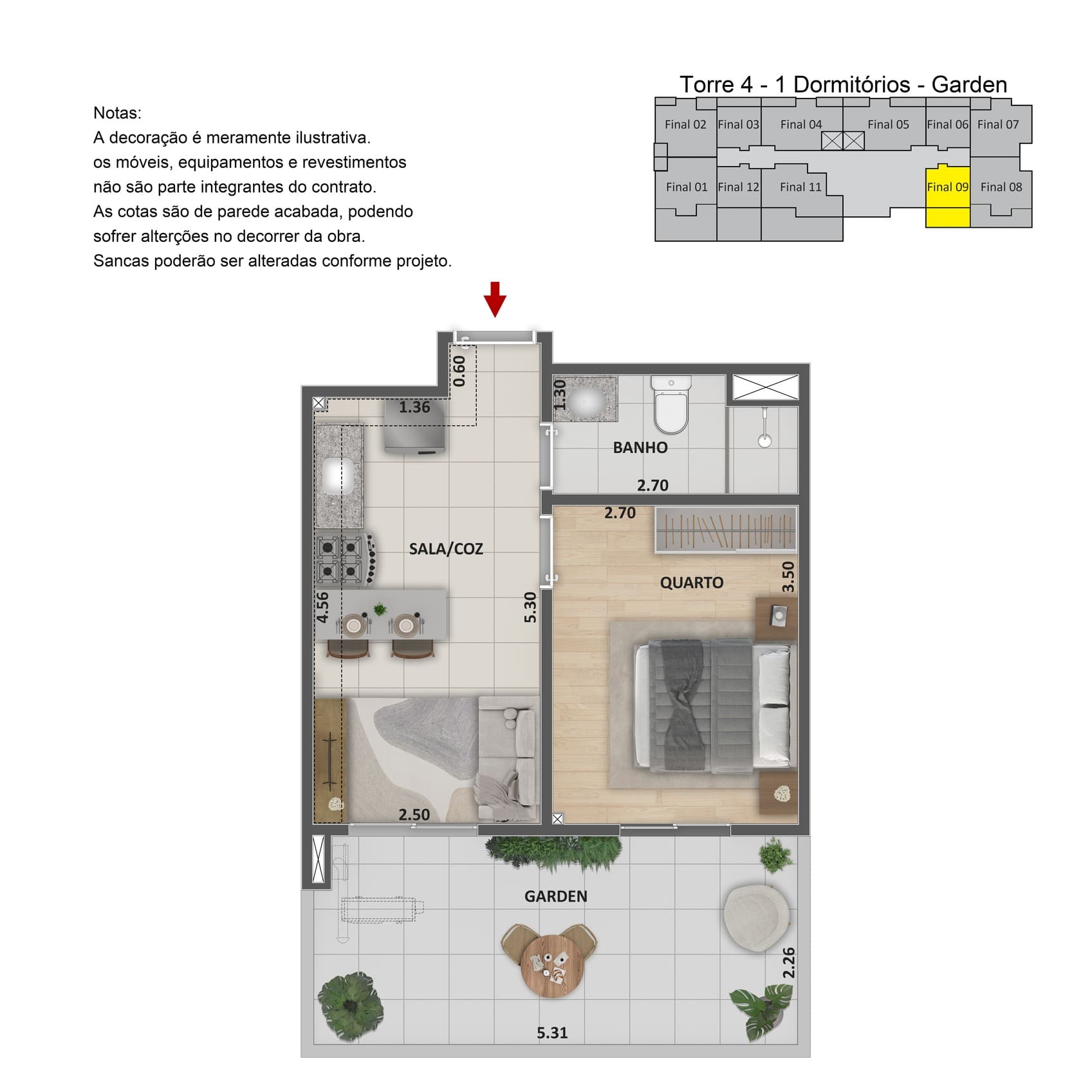 Planta 1 Quarto Garden 52m² Metropolitan Dream