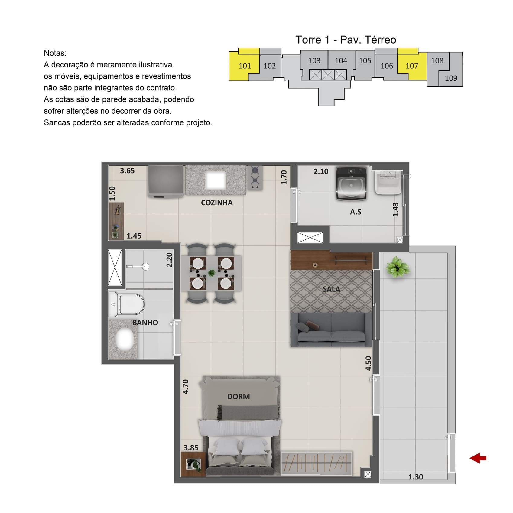 Planta decorada de studio com sala, cozinha e dormitório integrados