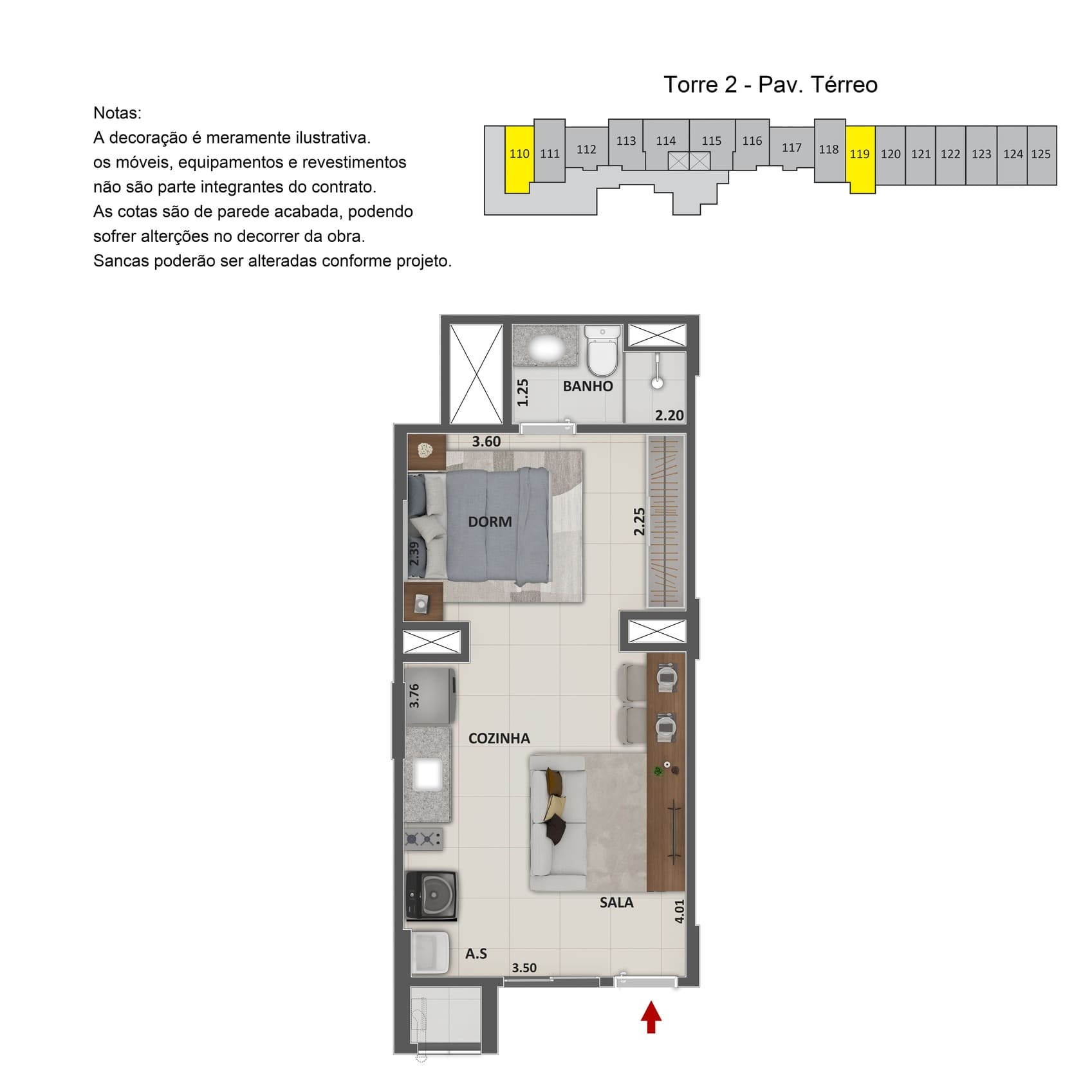 Planta compacta de studio com layout pensado para aluguel por temporada