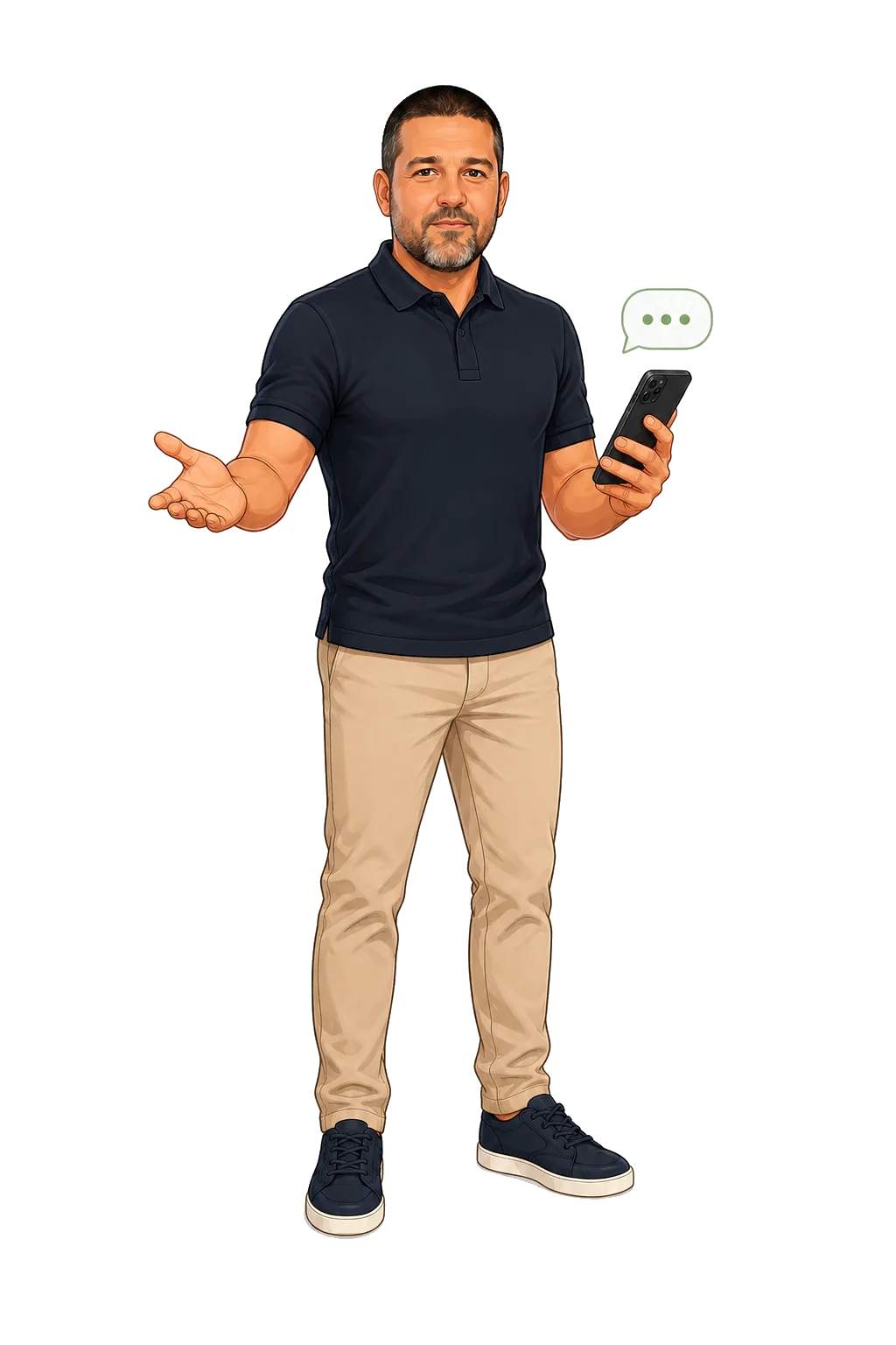 Caricatura de Cesar Jotta segurando o celular para iniciar o atendimento pelo WhatsApp