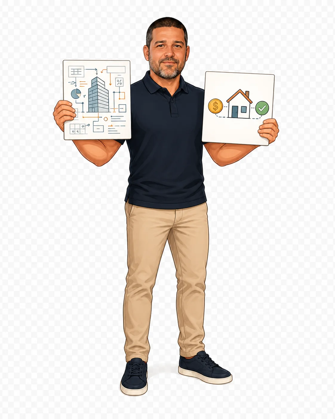 Caricatura de Cesar Jotta traduzindo os termos do mercado imobiliário