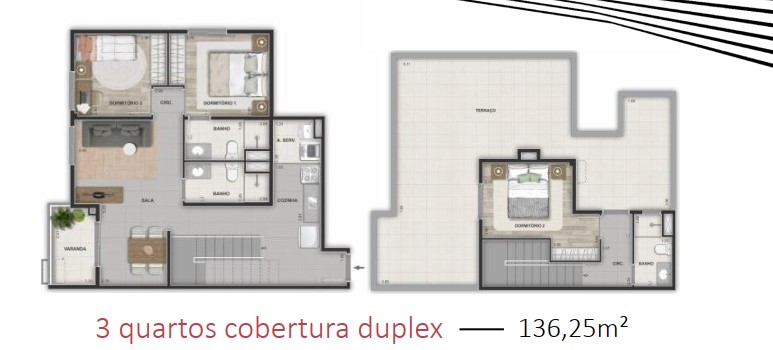 Planta da Cobertura Duplex 3 quartos — Américas 19 Recreio 136,25m²