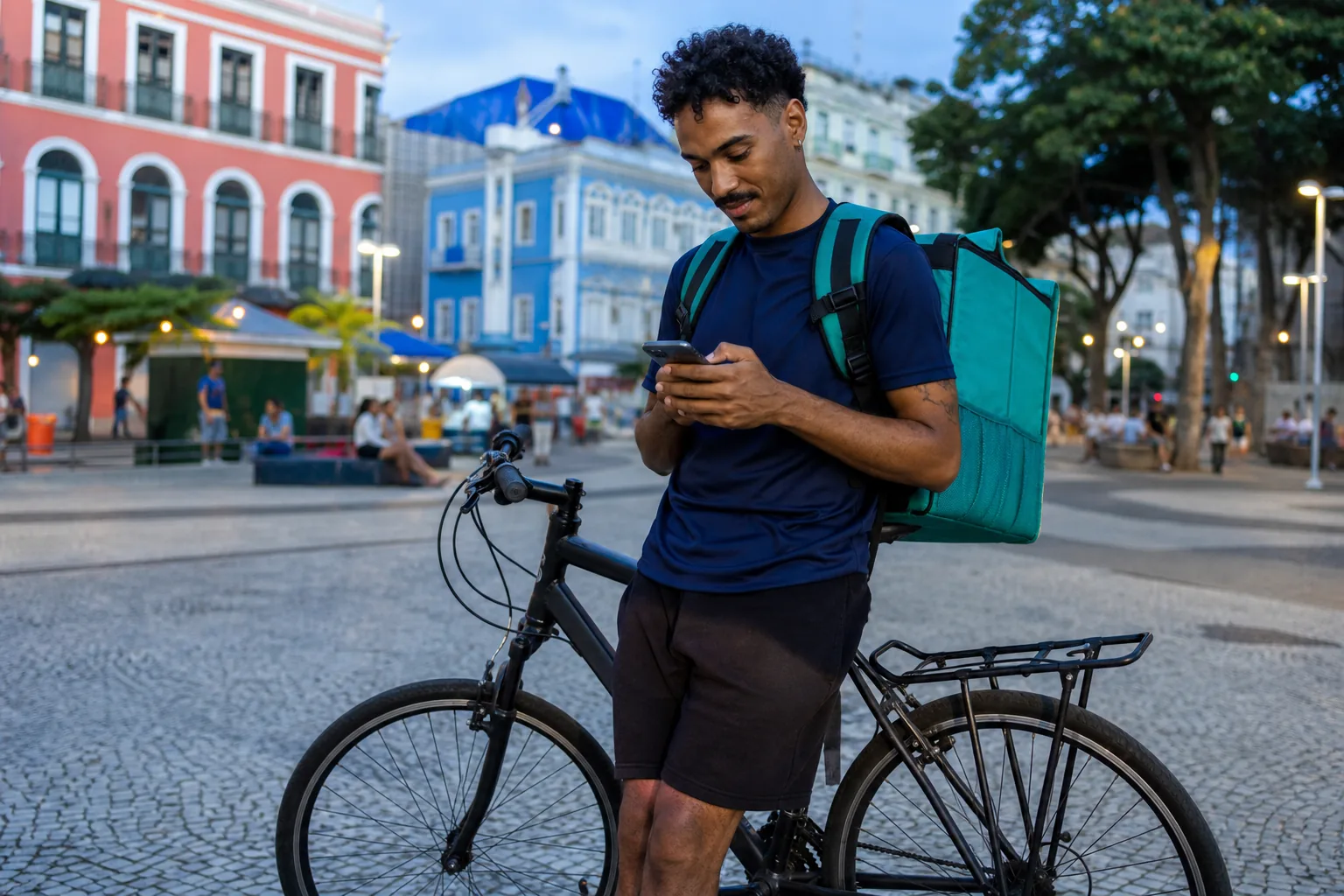Entregador de bicicleta conferindo os rendimentos no celular