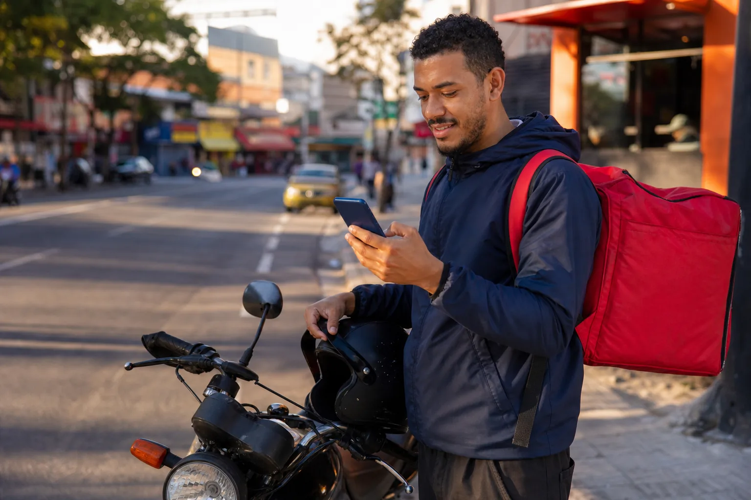 Entregador de moto olhando o aplicativo