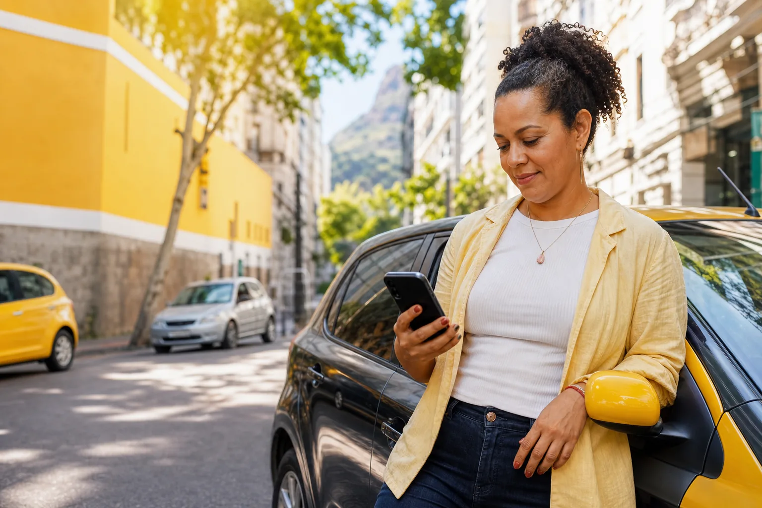 Motorista 99 olhando os ganhos no celular ao lado do carro
